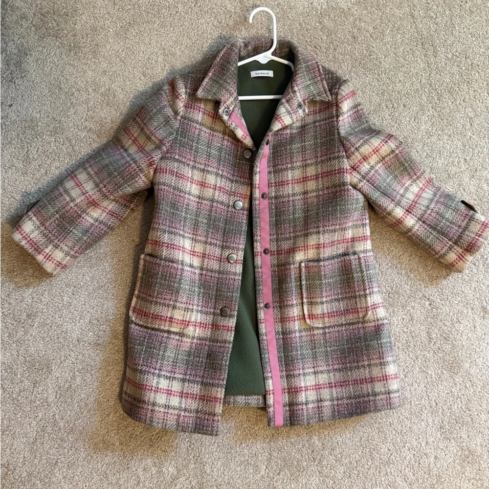Cacharel Paris Plaid Wool Coat Green Pink Accents Size Small 6/7 Girls - Picture 1 of 10
